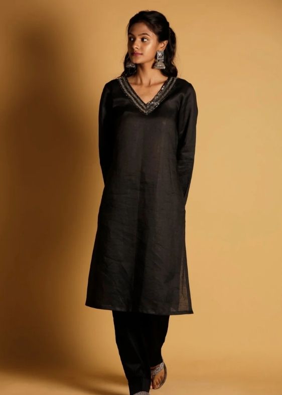 Pure Linen Classic Hand Embroidered Kurta- black