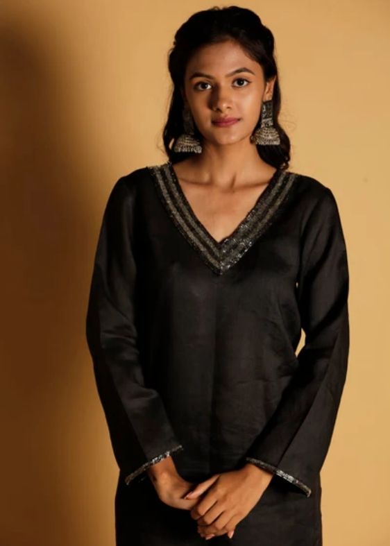Pure Linen Classic Hand Embroidered Kurta- black