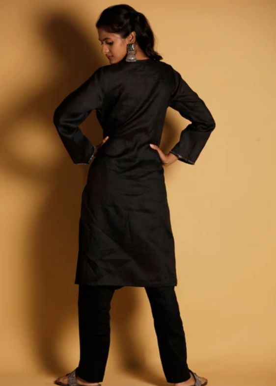 Pure Linen Classic Hand Embroidered Kurta- black