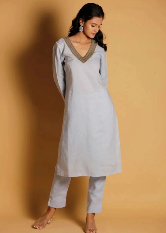 Pure Linen Classic Hand Embroidered Kurta- Blue