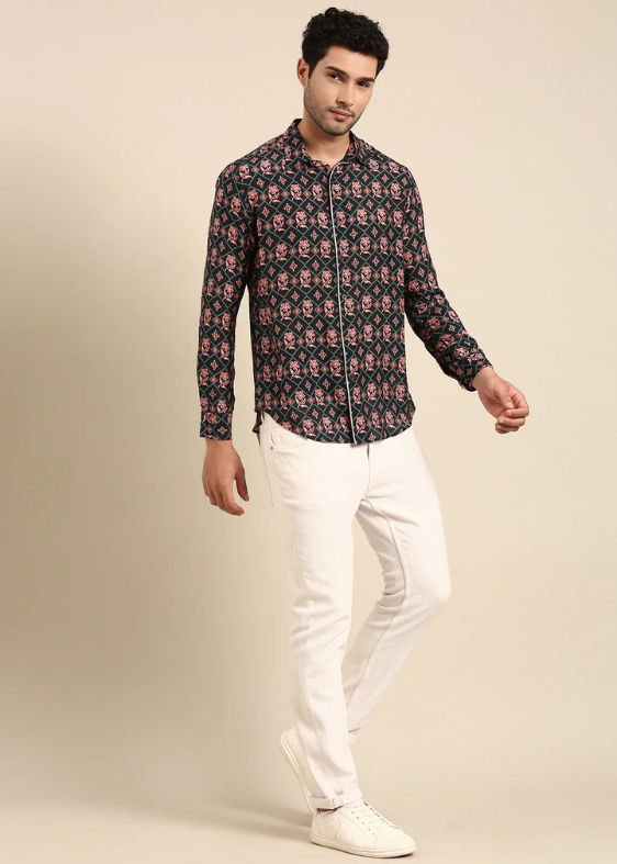 Dark Blue Printed Muslin Shirt