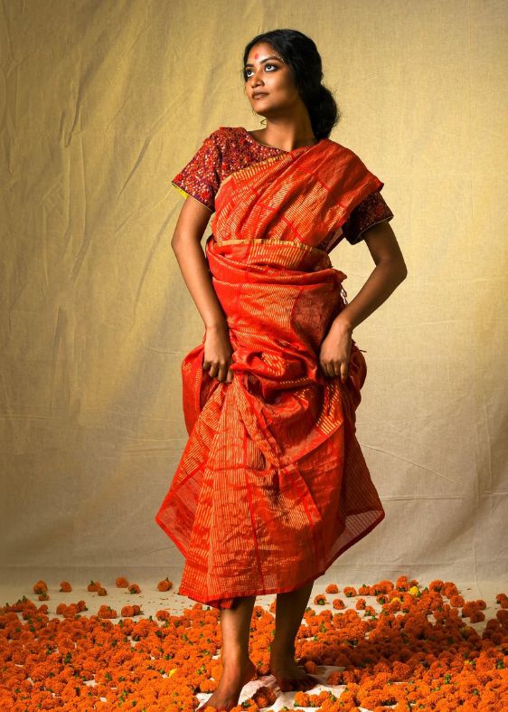 Rekha Woven striped saree (Sindoor Laal)