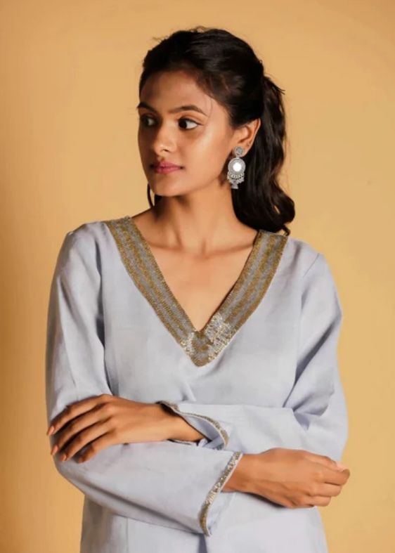 Pure Linen Classic Hand Embroidered Kurta- Blue