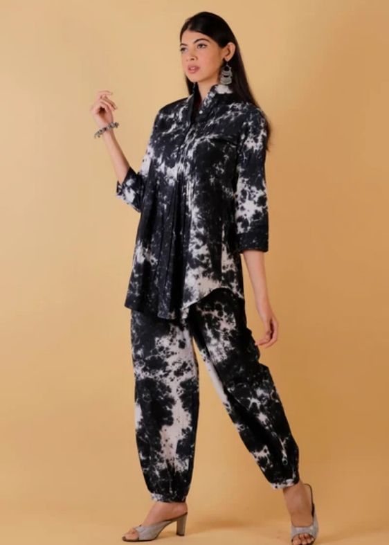 Tie and Dye Pintuck Tunic Co-ord Set- Black