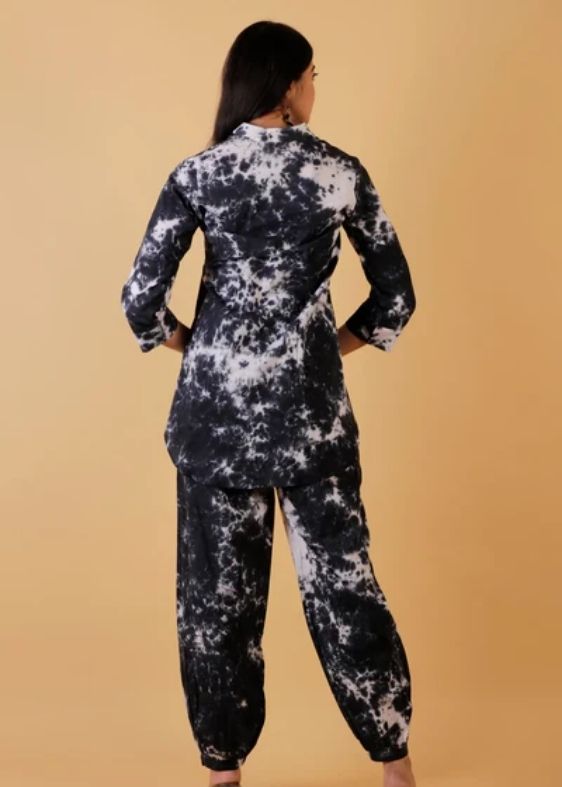 Tie and Dye Pintuck Tunic Co-ord Set- Black