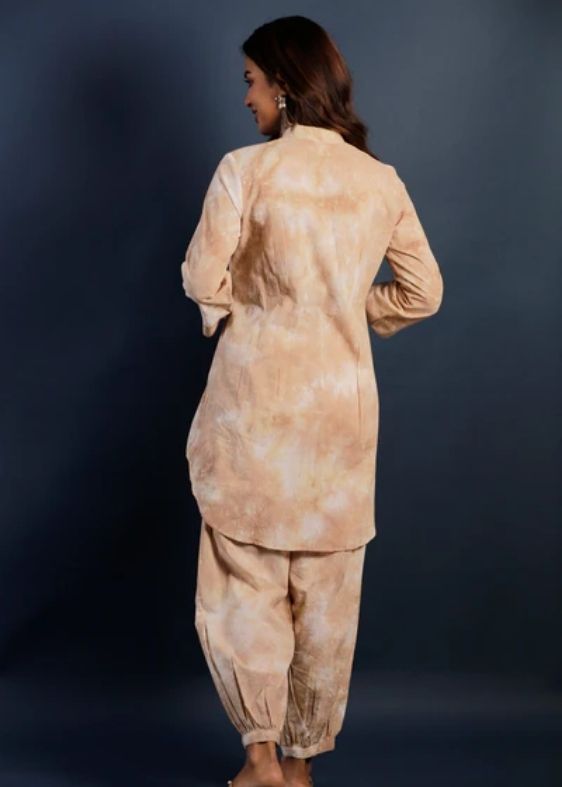 Tie and Dye Pintuck Tunic Co-ord Set- Beige