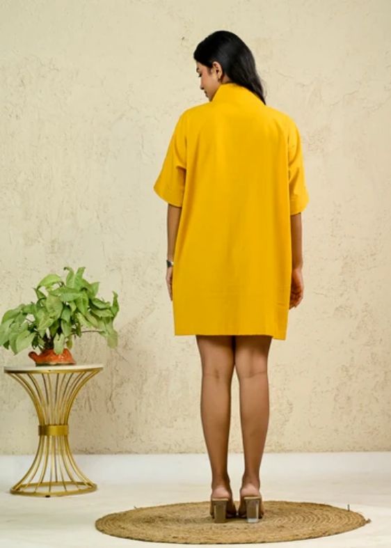 Mustard Cotton flax Short Dress