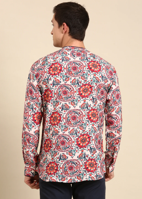 Cream Red Blue Muslin Shirt