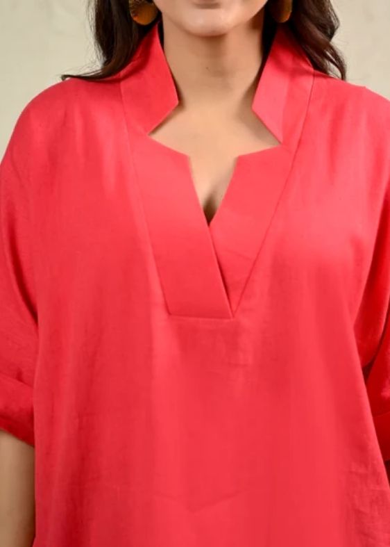 Coral Cotton flax Short Dress