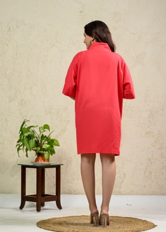 Coral Cotton flax Short Dress