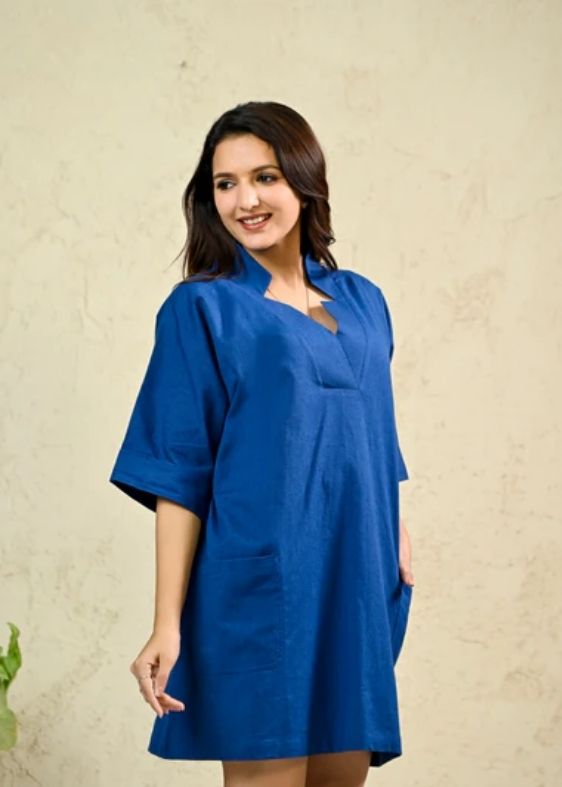 Royal Blue Cotton flax Short Dress