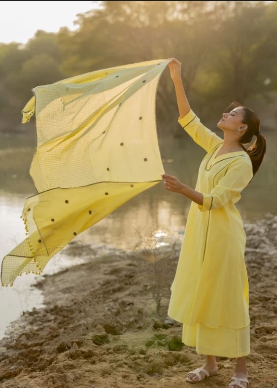 Light Lemon and Grey Kurta Set with jamdani Dupatta