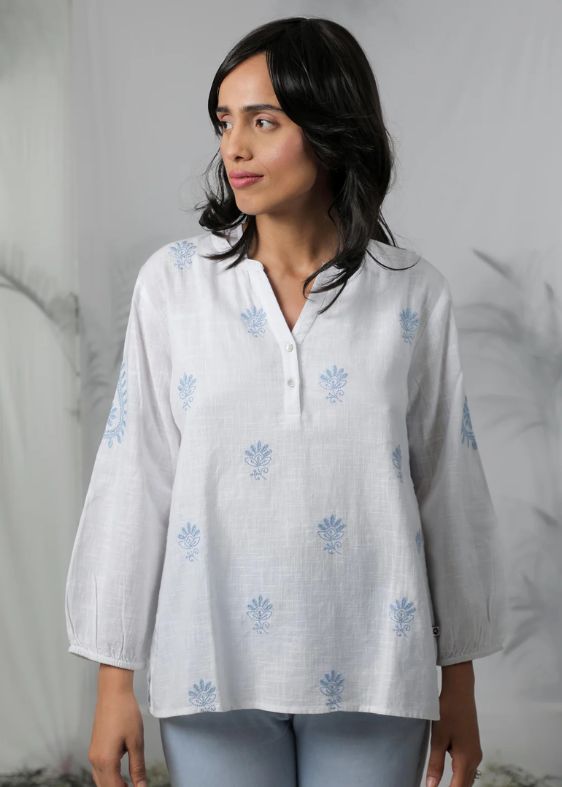 White Blue Embroidery Top- SS 2516
