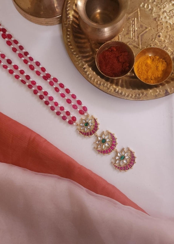 Half moon with two layers pink stones chain