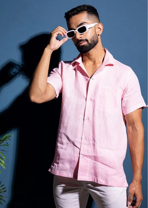 Pure Linen Half Sleeve Shirt-Pink