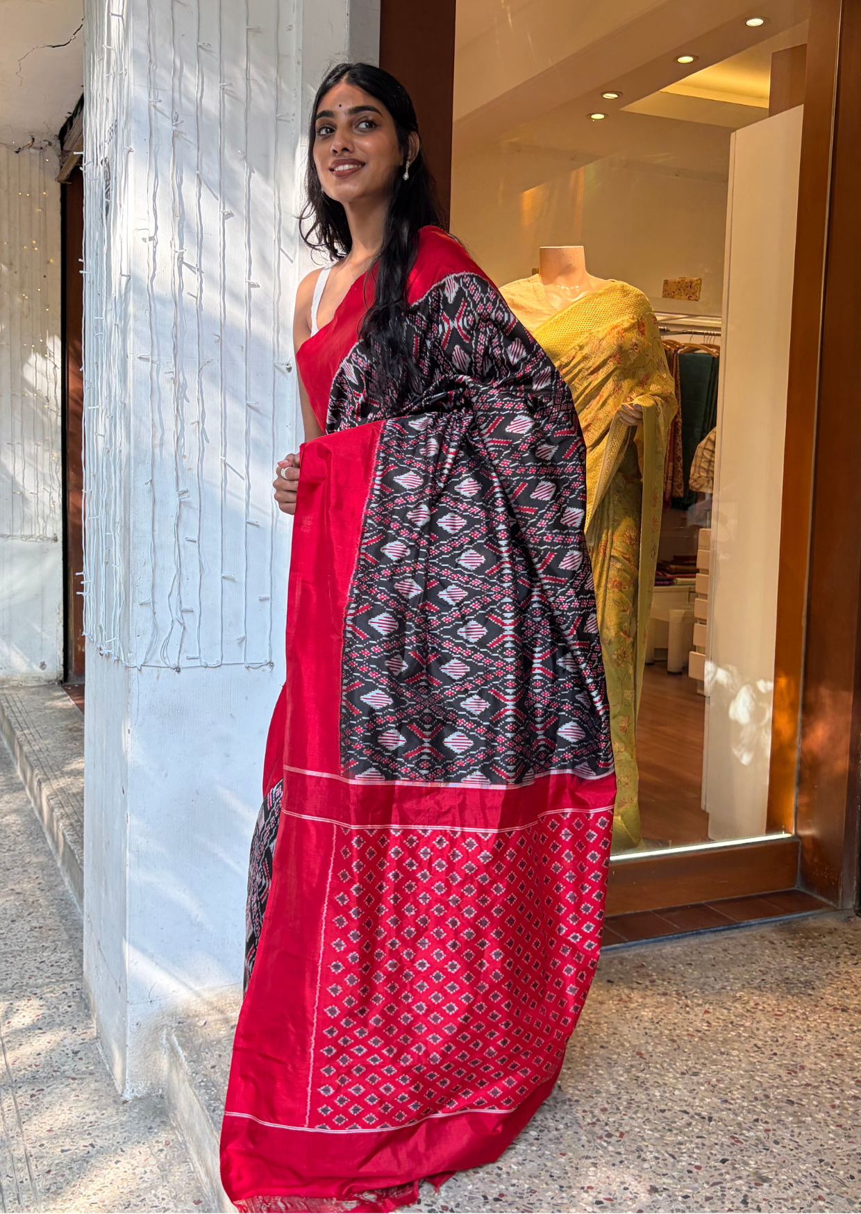 Black Red border Double Ikat Silk Saree