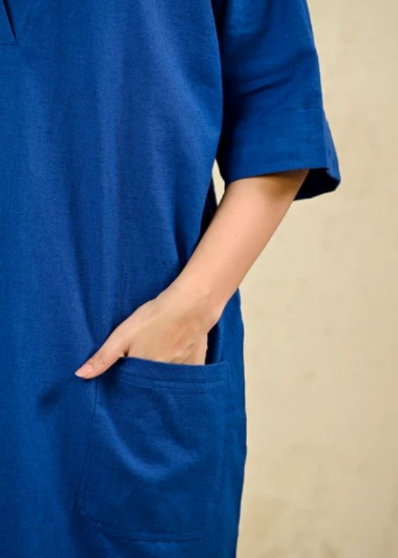 Royal Blue Cotton flax Short Dress