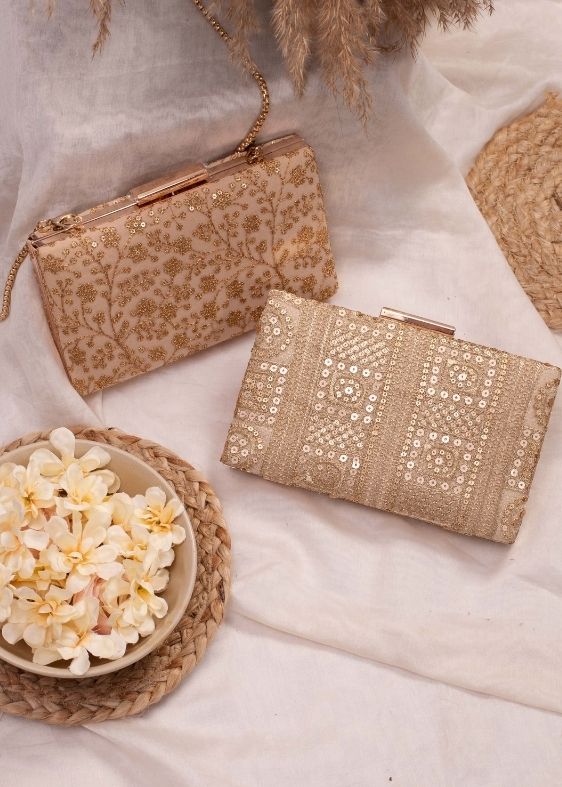 Beige Sequin Embroidered Box Clutch