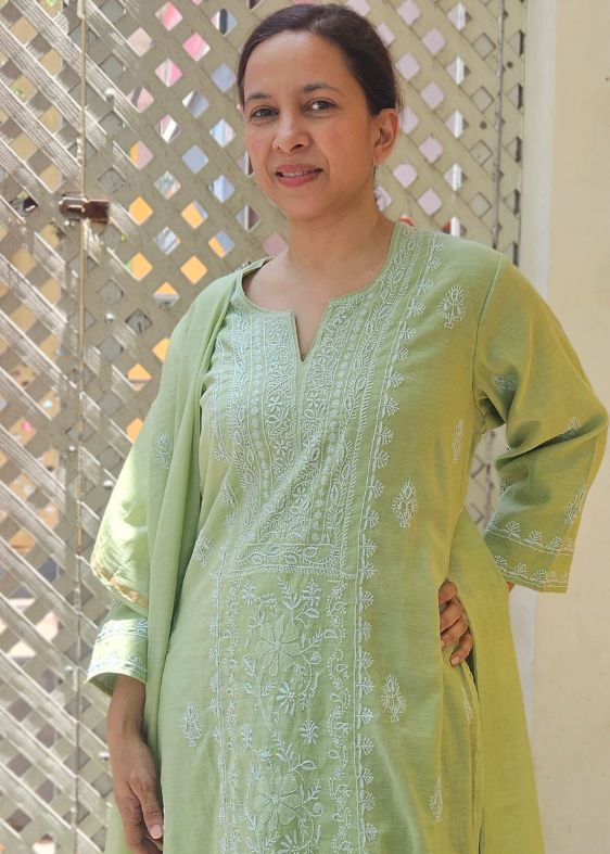 Green Chanderi Chikankari Salwar Kurta Set