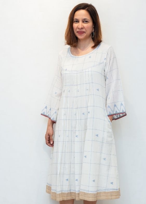 White Checks Temple motif Jamdani Cotton Dress