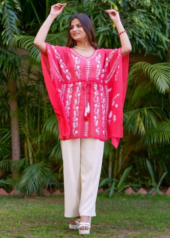 Red Short Georgette Kaftan With Aari Embroidery