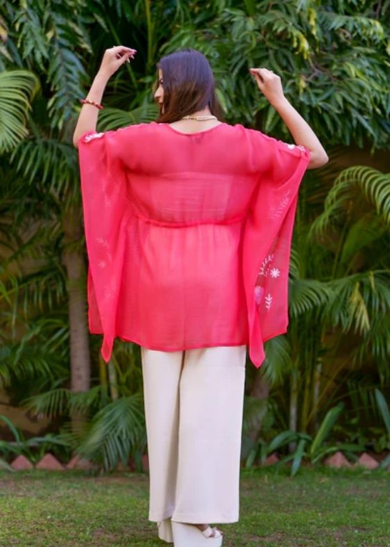 Red Short Georgette Kaftan With Aari Embroidery