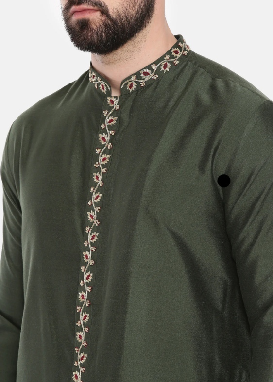 Green Silk Embroidered Kurta Set