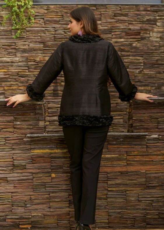 Pure silk Dupion Ruffle Jacket- Black