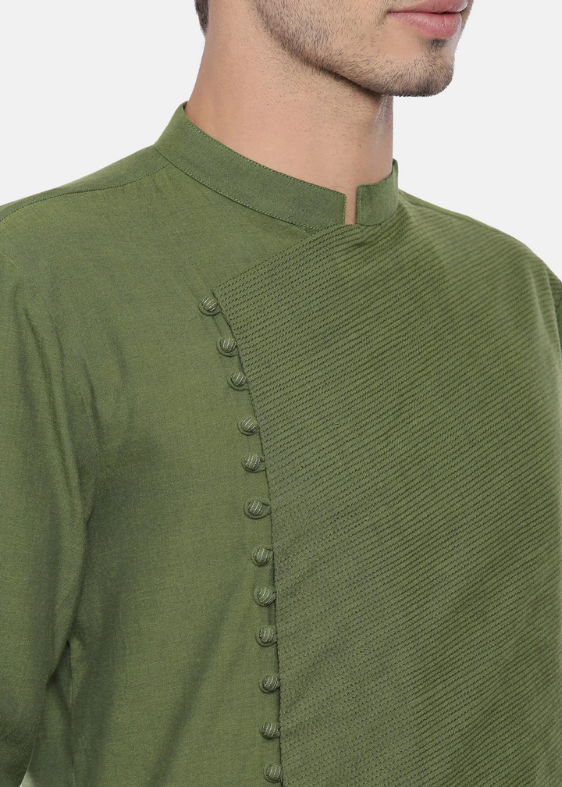 Green Cotton Asymmetrical Kurta Set