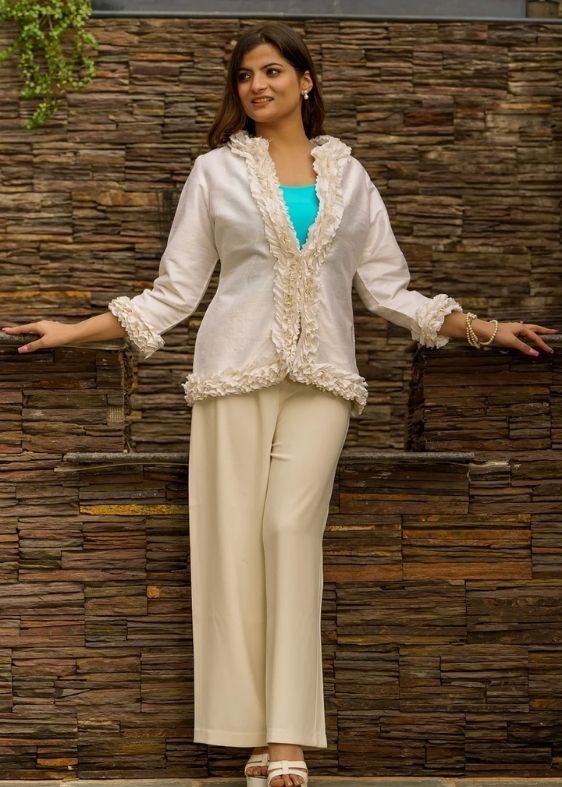 Pure silk Dupion Ruffle Jacket- Off White