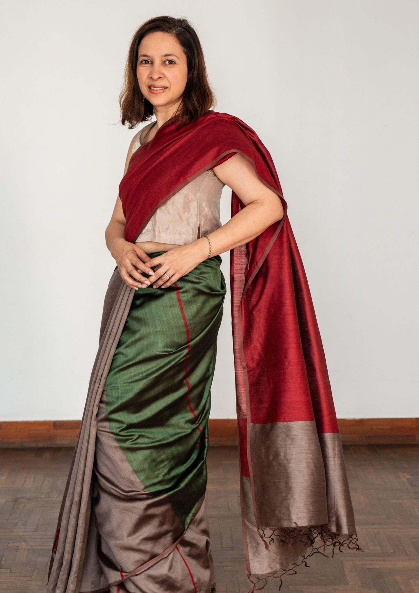 Green Red Brown Colour Block Eri Silk Saree