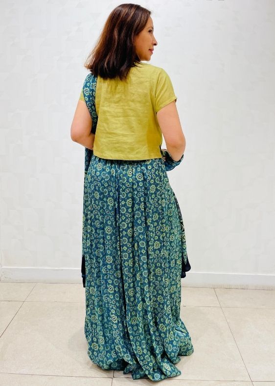 Green and Blue Ajrakh Print Mushroosilk Skirt