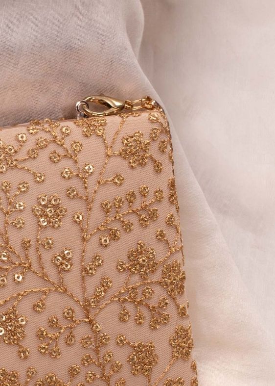 Beige Sequin Embroidered Box Clutch