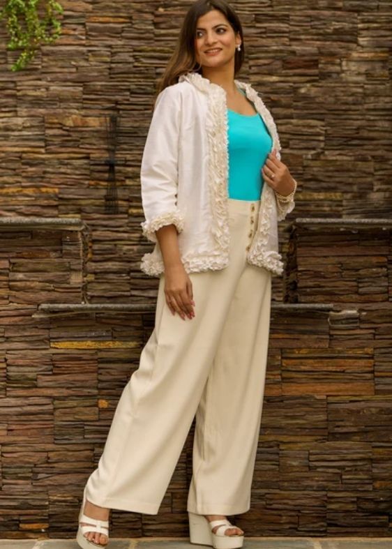 Pure silk Dupion Ruffle Jacket- Off White