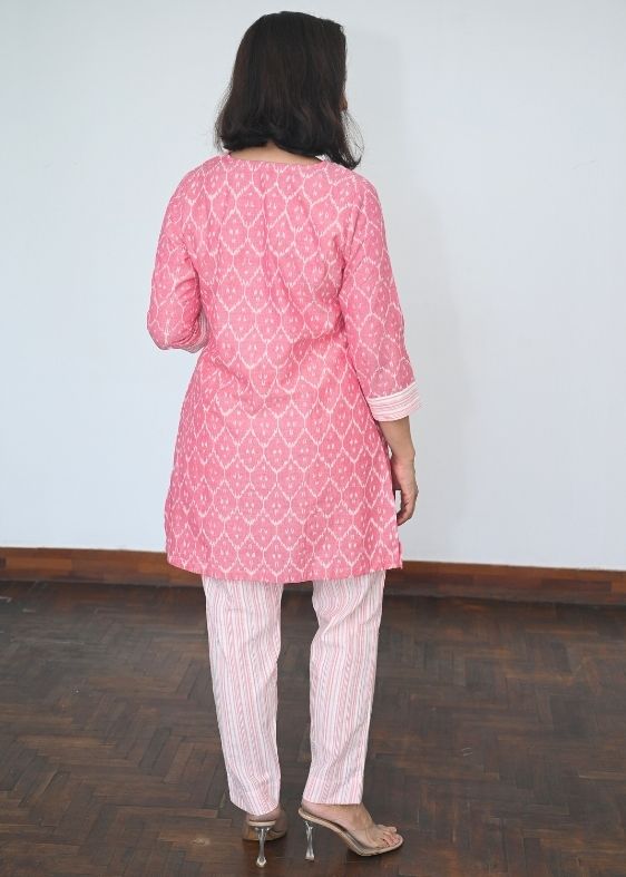 Pink V Neck Vishnu Calicut Ikkt Tunic