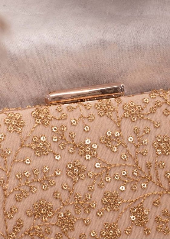Beige Sequin Embroidered Box Clutch