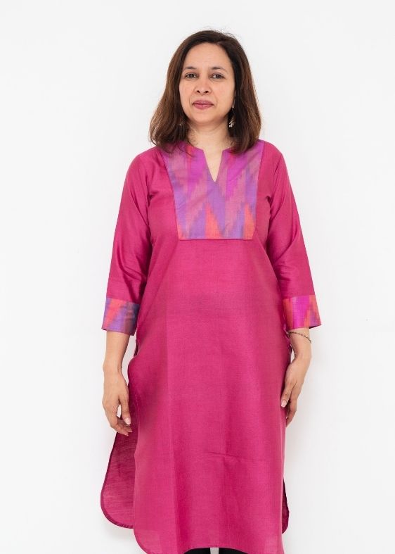Pink Deepam Neck Tussar Long Kurta