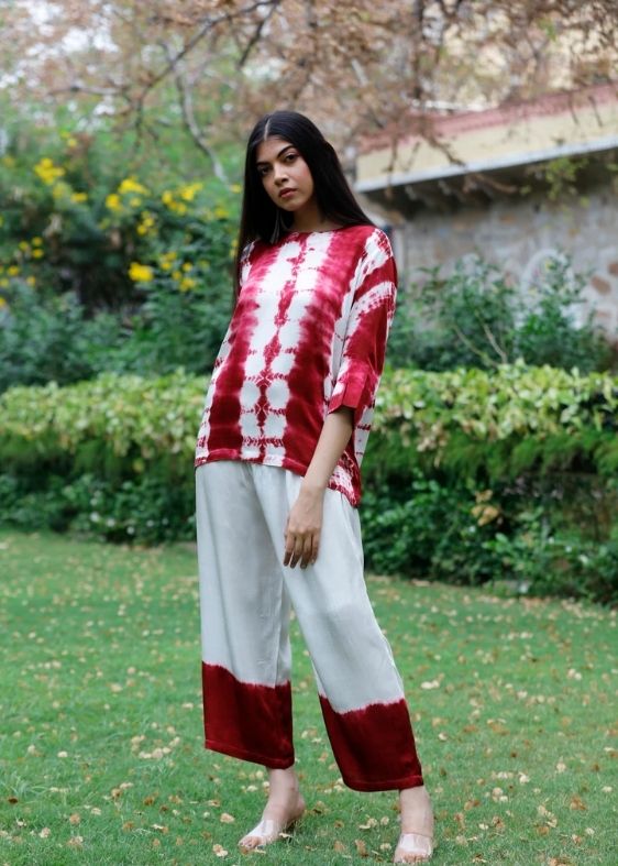 Modal Satin Tie and Dye Co-ord Set- Wine