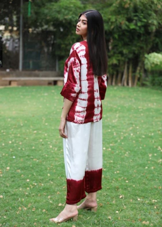 Modal Satin Tie and Dye Co-ord Set- Wine