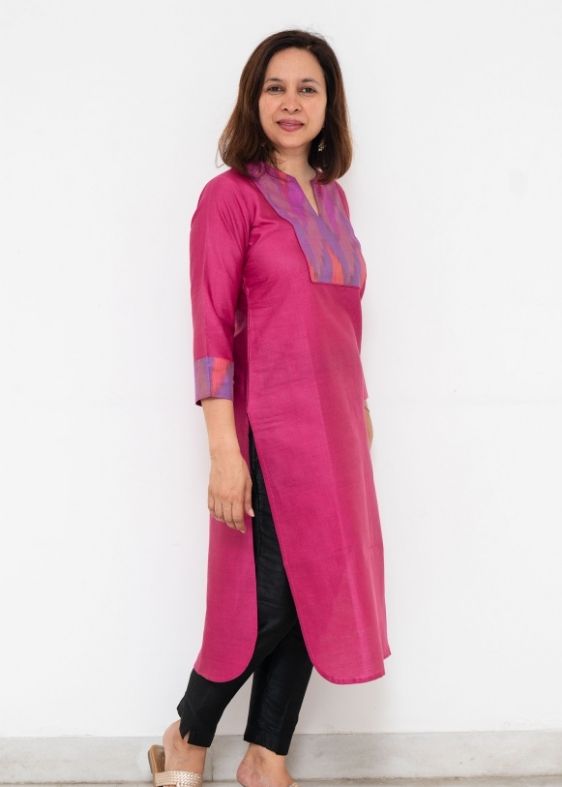 Pink Deepam Neck Tussar Long Kurta