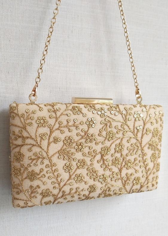 Beige Sequin Embroidered Box Clutch