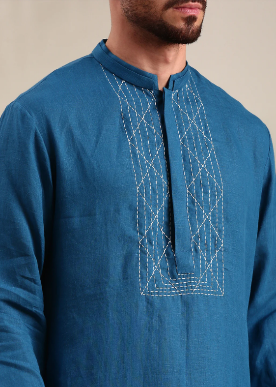 Blue Linen Kurta Set
