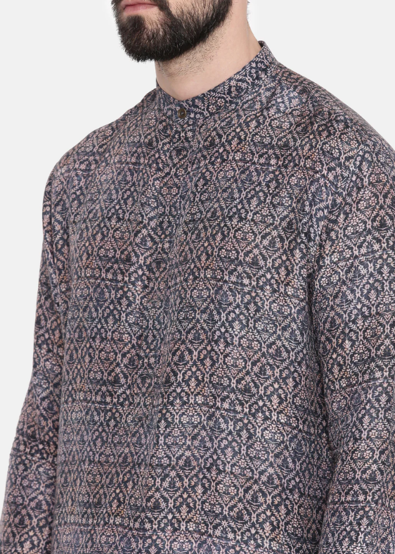 Linen Bemberg Blue Print Kurta Set