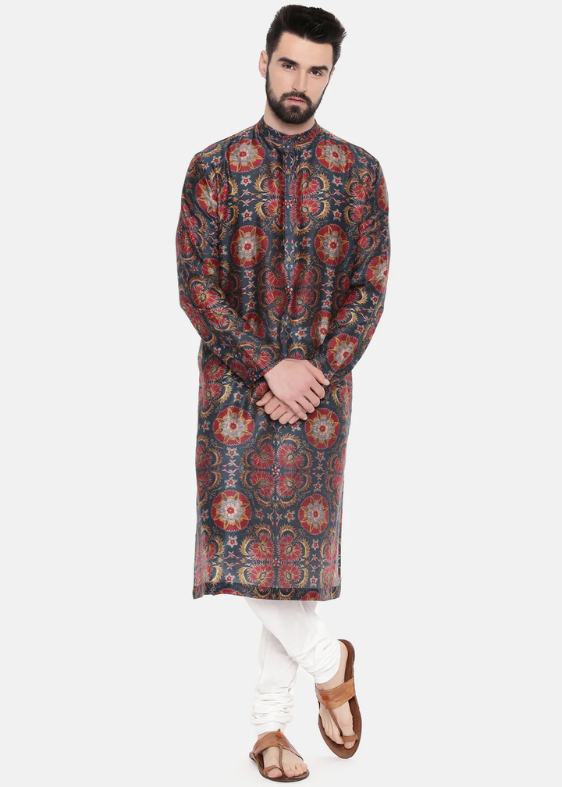 Teal Red Silk Chanderi Kurta Set