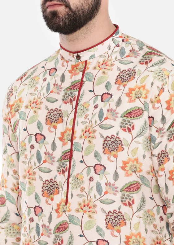 Ivory Pink Printed Muslin Kurta