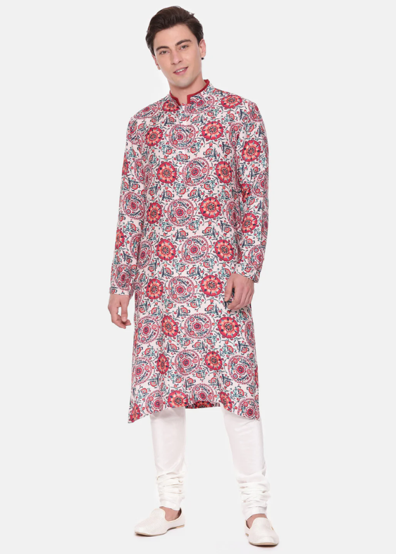 Red Blue Digital Muslin Kurta Set