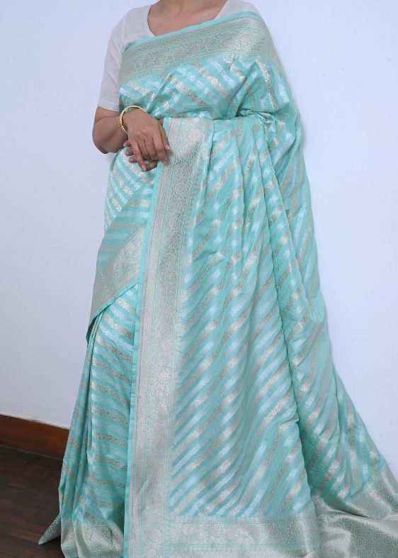 Blue Barasi Silver Gold Diagol Stripes Silk Saree