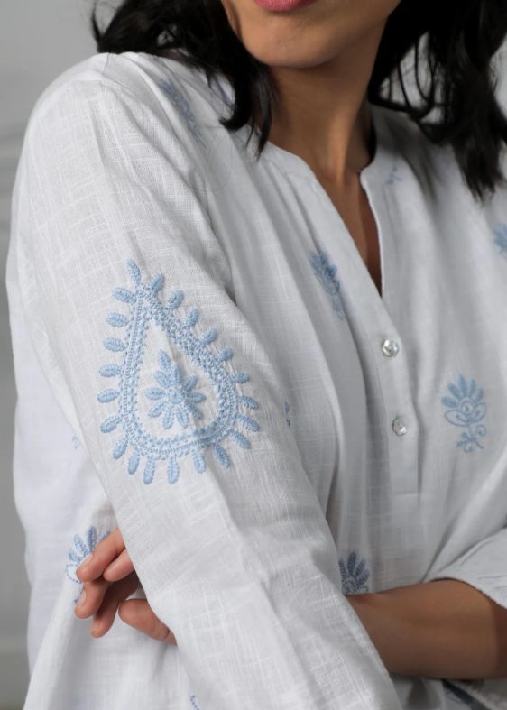 White Blue Embroidery Top- SS 2516