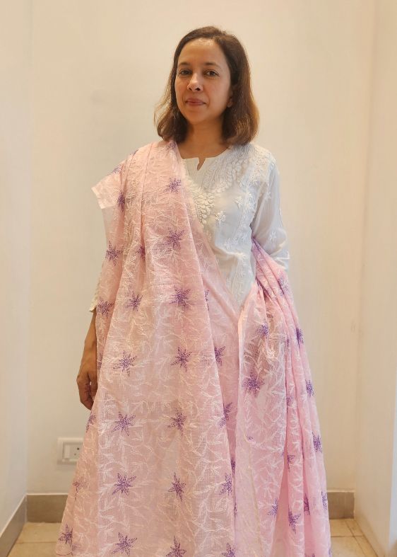 Pink & Purple Kota Chikankari Dupatta