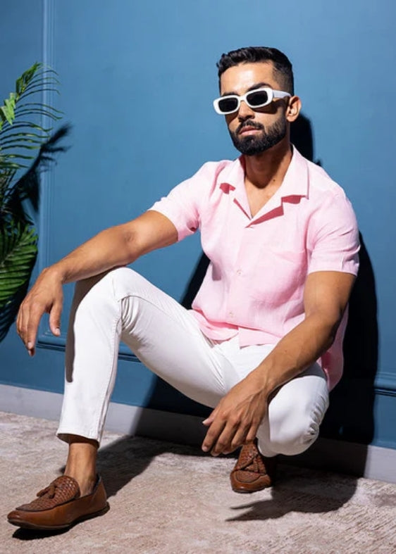 Pure Linen Half Sleeve Shirt-Pink